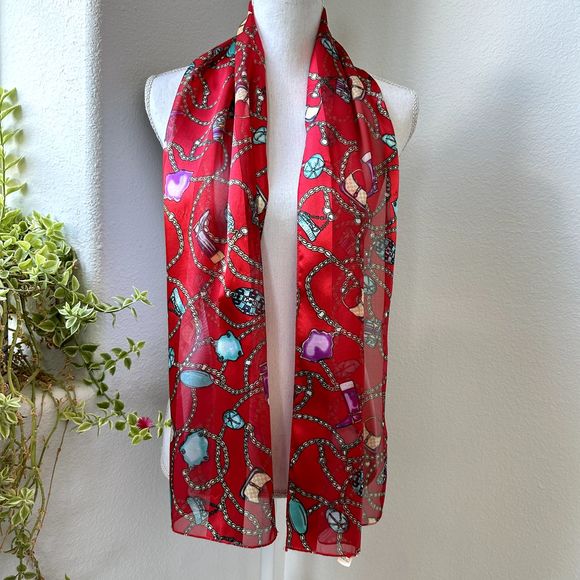 Fun Red Scarf 60" x 13" Striped Satin Sheer Decor Purses Chains Boots Hats - Picture 6 of 11